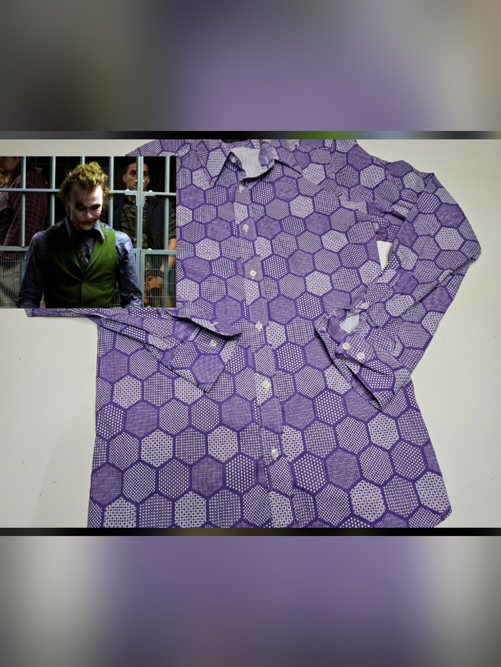 The Dark Knight Joker Purple Hexagon Dress Shirt Mens Medium Cosplay Halloween